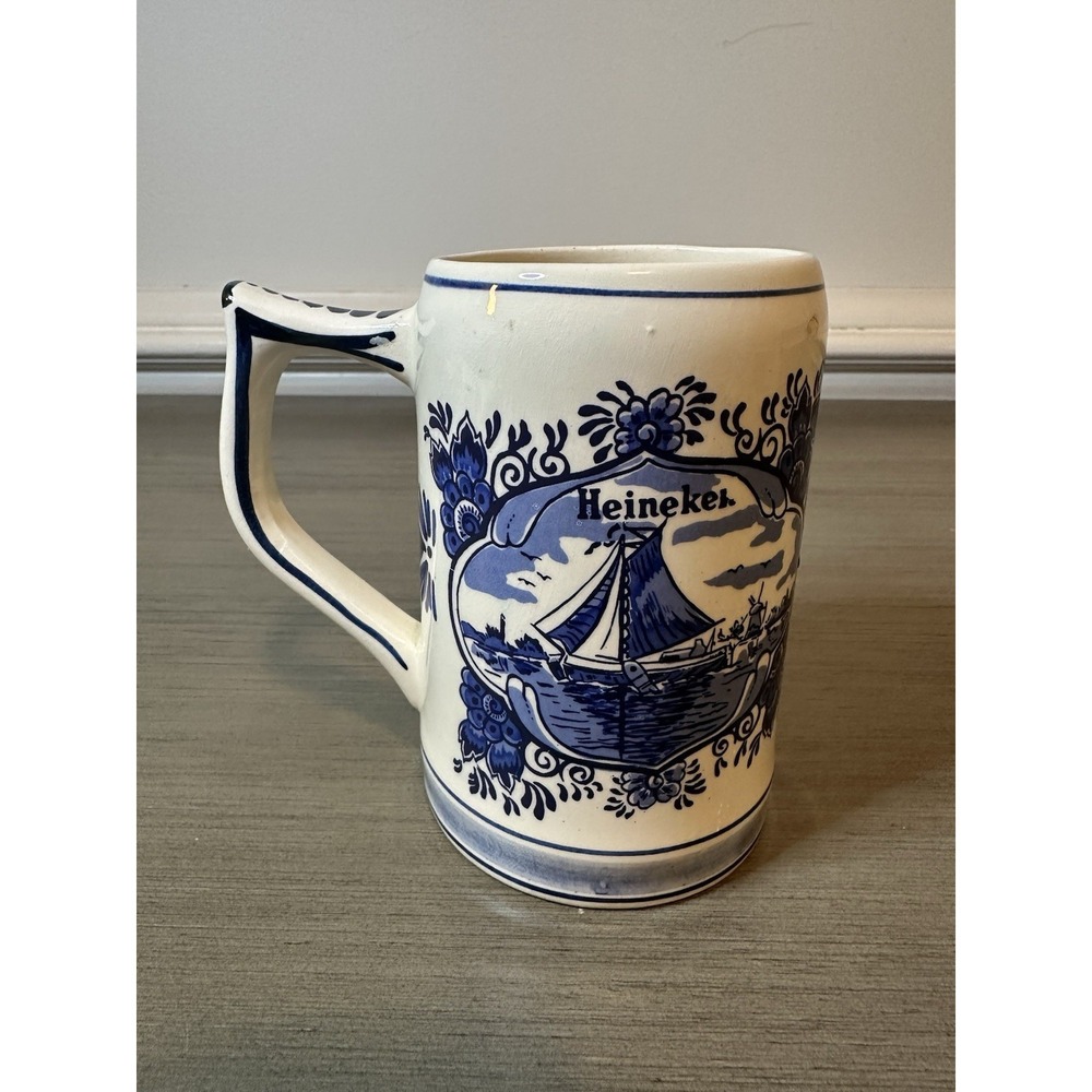 Vintage HEINEKEN Delft Blue Beer Stein Boat MUG Made in Holland Hand Painted